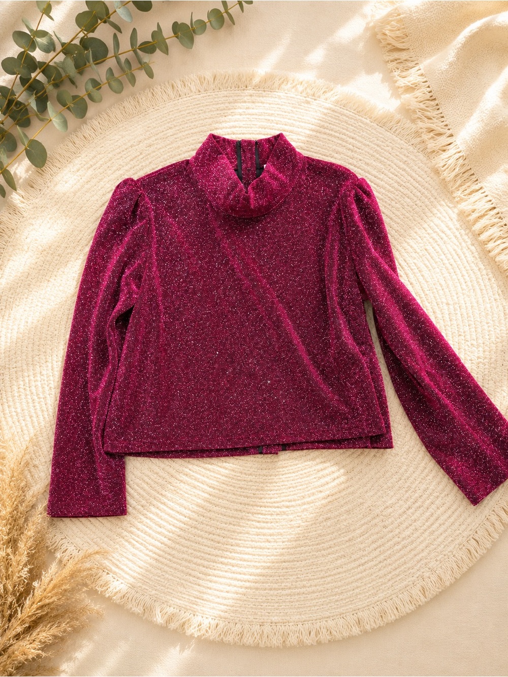 Buru Metallic Mock Neck Long-Sleeve Top in Fuchsia